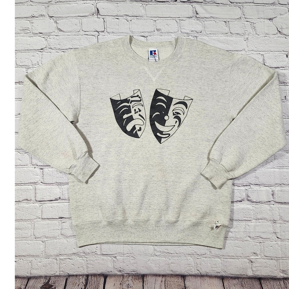 Vintage Russell Athletic Gray Mens L Drama Masks Sweatshirt Made in USA Unisex